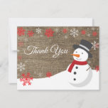 Winter Christmas Snowman Thank You Card<br><div class="desc">Winter Christmas Snowman Snowflake Red Thank You Card. Snowman. Burlap Background. Country Vintage Retro Barn. Red Snowflake. Love and Thanks, beautiful script font. Add your message on back or leave blank and hand write. For further customisation, please click the "Customise it" button and use our design tool to modify this...</div>