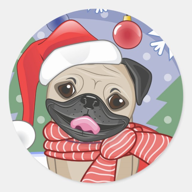 Winter & Christmas Time Pug Classic Round Sticker (Front)