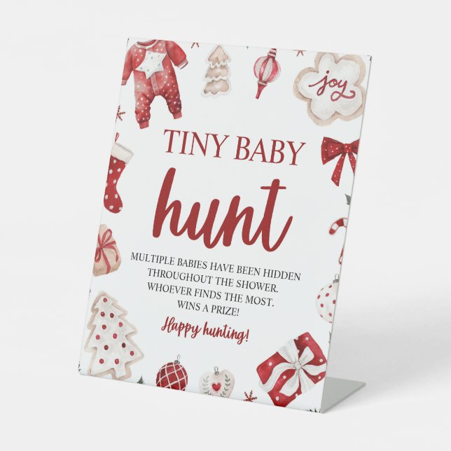 Winter Christmas Tiny Baby Hunt Baby Shower Game Pedestal Sign (Front)