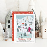 Winter Christmas Town/Village Holiday Party Invitation<br><div class="desc">This cute Christmas holiday party invitation features a Christmas town/village with people, houses, a church, trees, a car with a christmas tree on top, and a skating rink. The reverse side features a red background with white snow patterns. Personalise it for your needs. You can find matching products at my...</div>