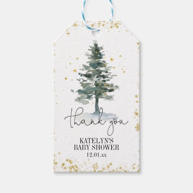 Winter Christmas Tree Favour Tag Gold (Front)