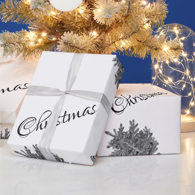 Winter Christmas Tree Merry Christmas Black White Wrapping Paper (Holidays)