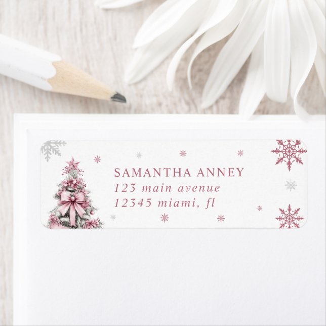 Winter Christmas Tree Pink Bow Return Address Label (Insitu)