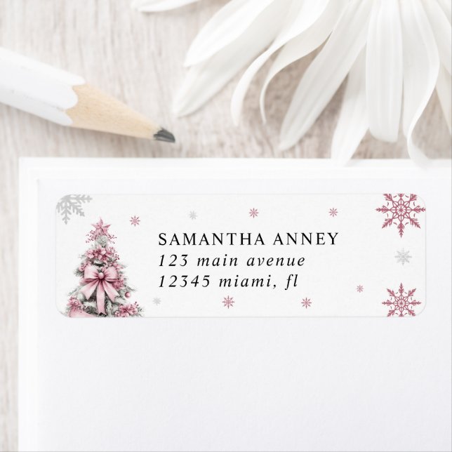 Winter Christmas Tree Pink Bow Return Address Label (Insitu)