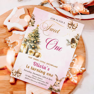 Winter Christmas Tree Pink Sweet One Birthday  Invitation