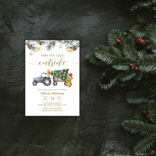Winter Christmas Tree Tractor Bear Baby Shower Invitation