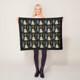 Winter Christmas Trees Pattern Woods Green Black Fleece Blanket