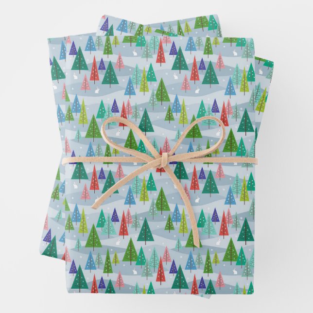 Winter Christmas Trees Retro Inspired Wrapping Paper Sheet (In situ)
