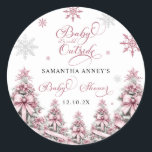 Winter Christmas Trees Snowflakes Pink Baby Shower Classic Round Sticker<br><div class="desc">Show your gratitude in style with the Winter Christmas Tree Snowflakes Pink Baby Shower Thank You Square Sticker. Featuring a lovely pink background adorned with elegant Christmas trees and delicate snowflakes, this sticker beautifully captures the essence of a cosy winter celebration. Perfect for sealing thank-you notes, gift bags, or party...</div>