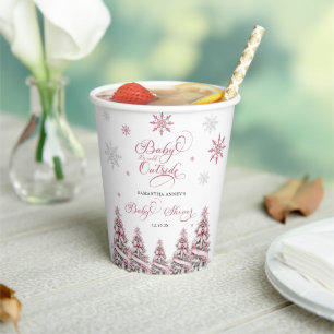 Winter Christmas Trees Snowflakes Pink Baby Shower Paper Cups