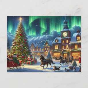 Winter Christmas Village Aurora Borealis Painting Postcard