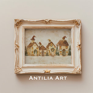 Winter Christmas Village Painting Whimsical Xmas Poster