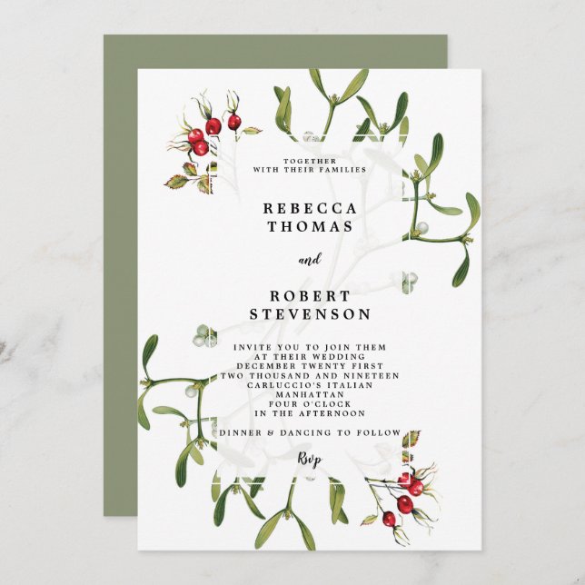 winter christmas wedding invitation mistletoe (Front/Back)