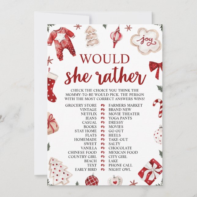 Winter Christmas Would She Rather Baby Shower Game Invitation (Front)