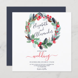 Winter Christmas wreath floral watercolor wedding Invitation