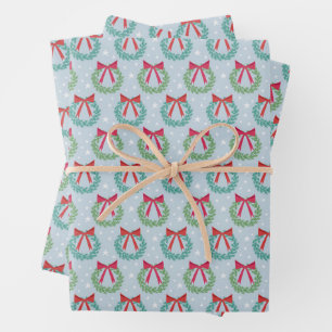 Winter Christmas Wreaths with Bows Retro Inspired  Wrapping Paper Sheet