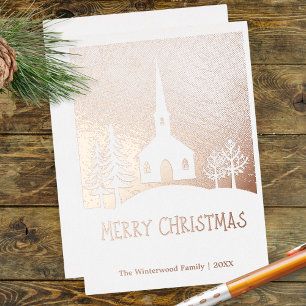 Winter Church in Snow Personalised Merry Christmas Foil Holiday Card
