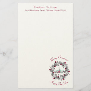 Winter Church with Christmas Wreath Personalised Stationery