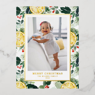 Winter Citrus and Greenery Pattern Christmas Photo Foil Holiday Postcard