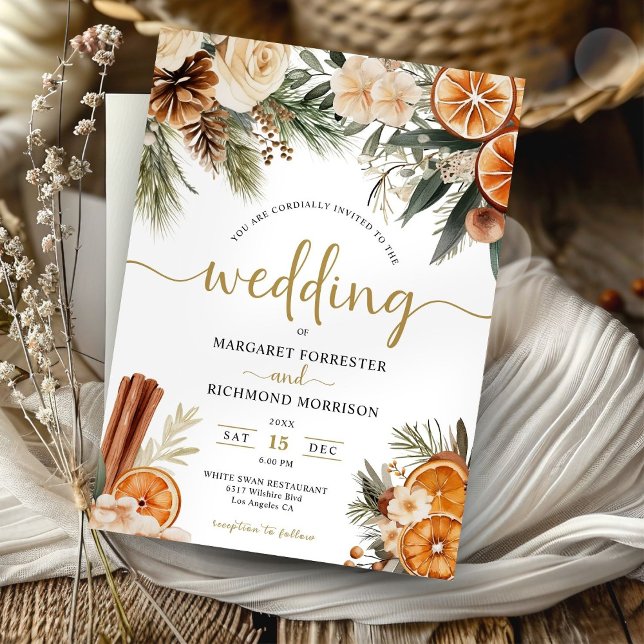 Winter Citrus & Cinnamon Christmas Wedding Invitation (Creator Uploaded)