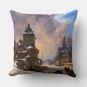 Winter Cityscape With Frozen River Classical Art Cushion