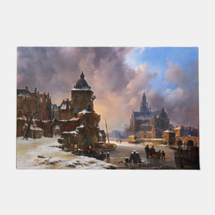 Winter Cityscape With Frozen River Classical Art Doormat