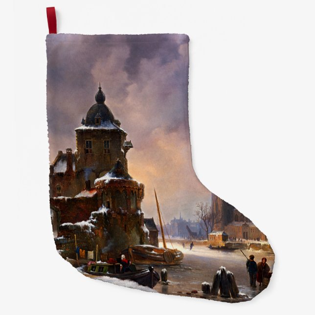 Winter Cityscape With Frozen River Classical Art Large Christmas Stocking (Front)