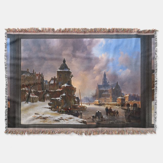 Winter Cityscape With Frozen River Classical Art Throw Blanket (Front)