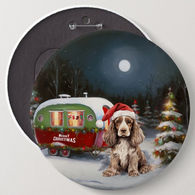Winter Cocker Spaniel Caravan Christmas Adventure 6 Cm Round Badge (Front & Back)