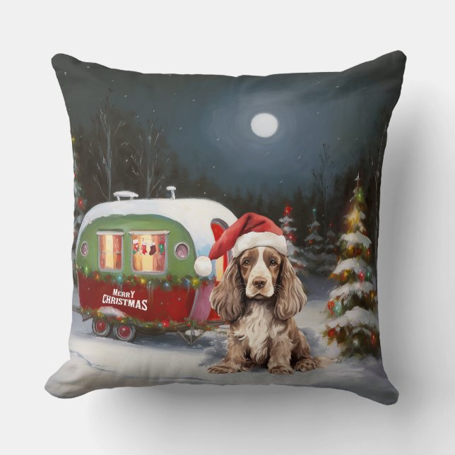 Winter Cocker Spaniel Caravan Christmas Adventure Cushion (Front)
