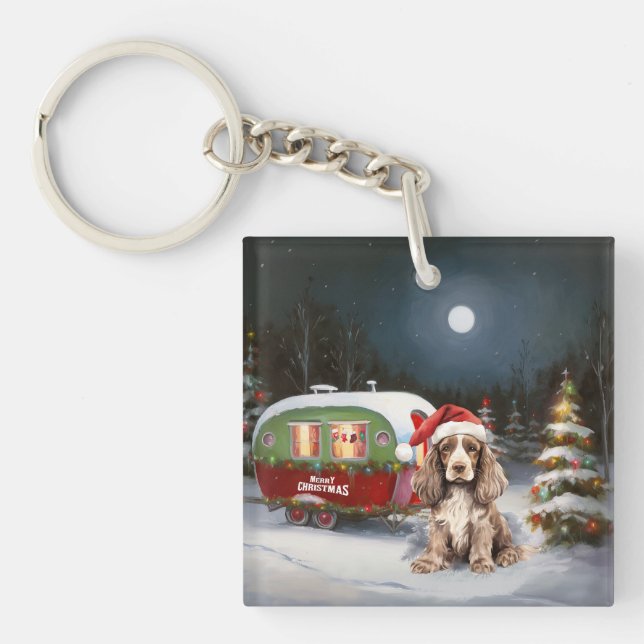 Winter Cocker Spaniel Caravan Christmas Adventure Key Ring (Front)
