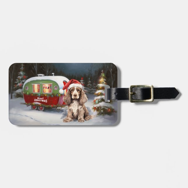 Winter Cocker Spaniel Caravan Christmas Adventure Luggage Tag (Front Horizontal)