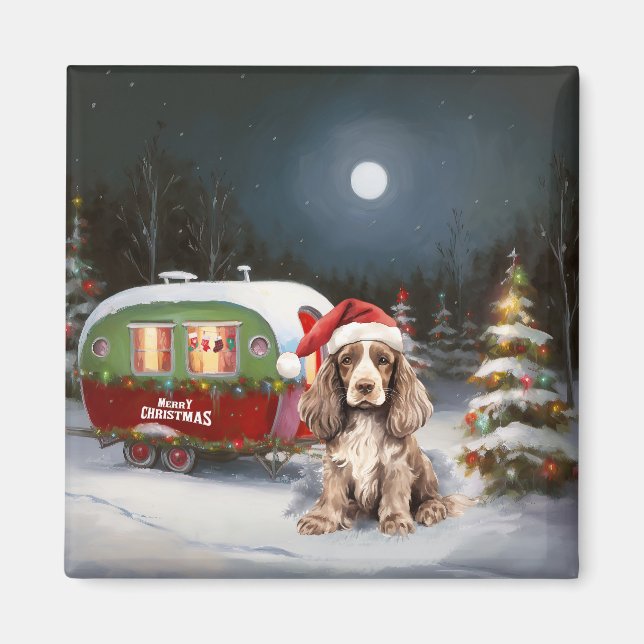 Winter Cocker Spaniel Caravan Christmas Adventure Magnet (Front)