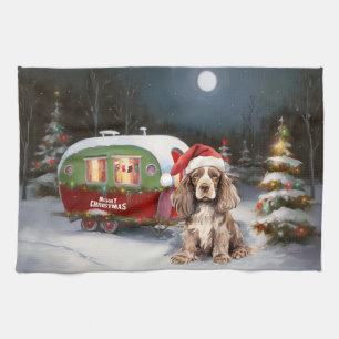 Winter Cocker Spaniel Caravan Christmas Adventure Tea Towel