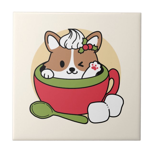 Winter Cocoa Bliss - Cute Dog in Mug Design Ceramic Tile (Front)