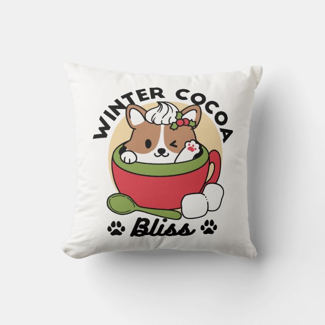 Winter Cocoa Bliss - Cute Dog in Mug Design Cushion (Front)