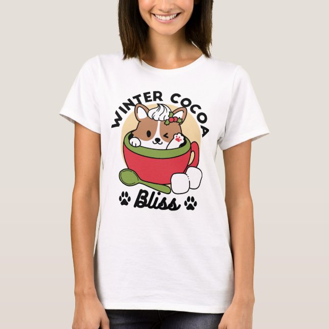 Winter Cocoa Bliss - Cute Dog in Mug Design T-Shirt (Front)