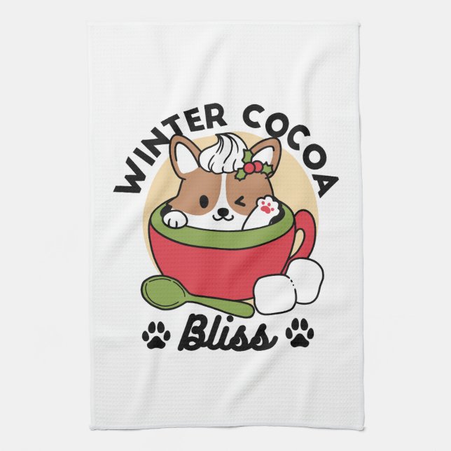 Winter Cocoa Bliss - Cute Dog in Mug Design Tea Towel (Vertical)