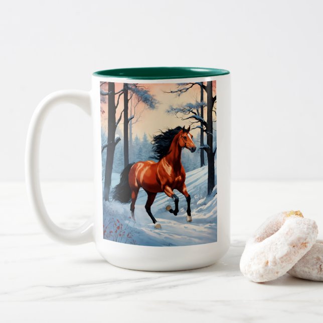 Winter Coffee Mug | Cosy Snow Horse Design Cup (With Donut)