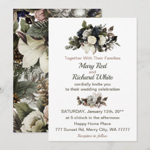 Winter Conifer Floral Magnolia Peony Roses Wedding Invitation