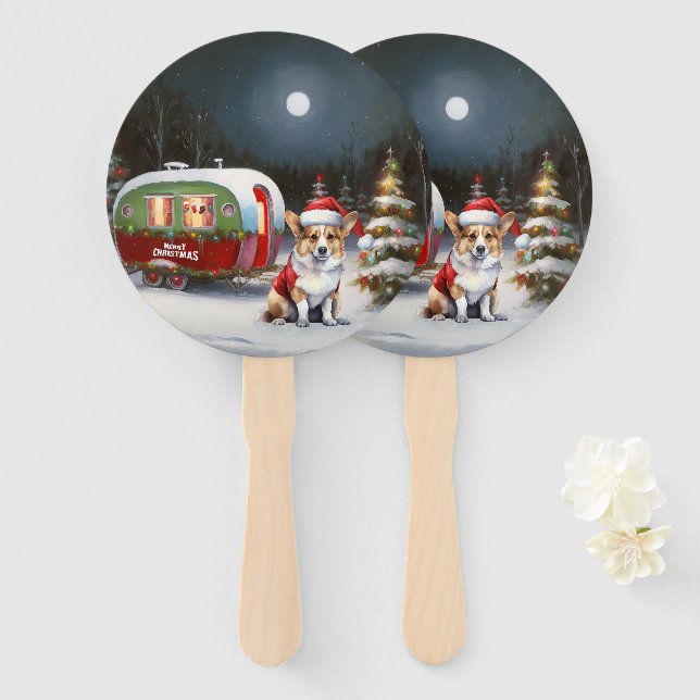 Winter Corgi Caravan Christmas Adventure  Hand Fan (Front and Back)