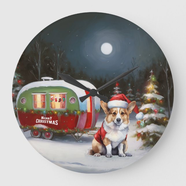 Winter Corgi Caravan Christmas Adventure  Large Clock (Front)