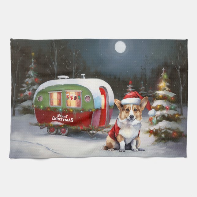 Winter Corgi Caravan Christmas Adventure  Tea Towel (Horizontal)