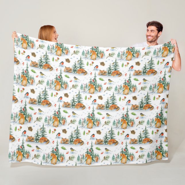 Winter Cosy Nature Fox Rabbit Birds Pine Cones  Fleece Blanket (In Situ)