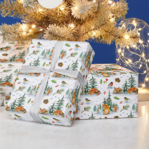 Winter Cosy Nature Fox Rabbit Birds Pine Cones  Wrapping Paper