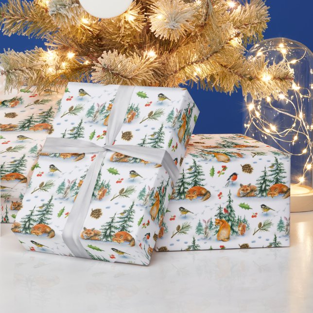 Winter Cosy Nature Fox Rabbit Birds Pine Cones  Wrapping Paper (Holidays)