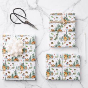 Winter Cosy Nature Fox Rabbit Birds Pine Cones  Wrapping Paper Sheet
