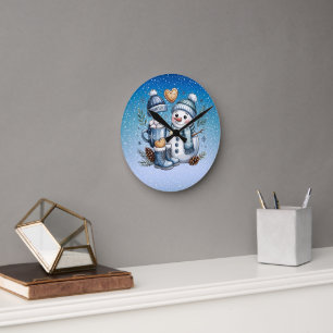Winter Cosy Snowman Round Clock