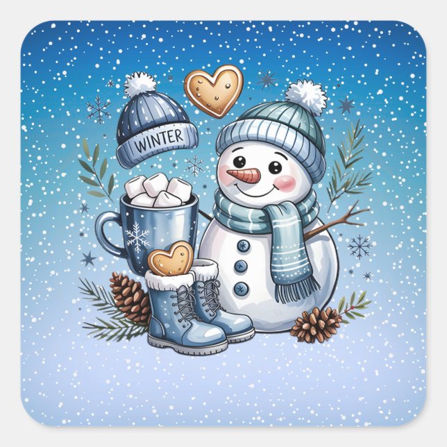 Winter Cosy Snowman Square Sticker (Front)