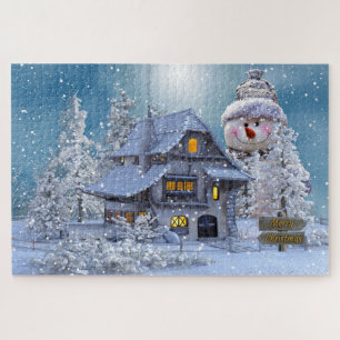 Winter Cottage and Snowman Christmas Jigsaw Puzzle
